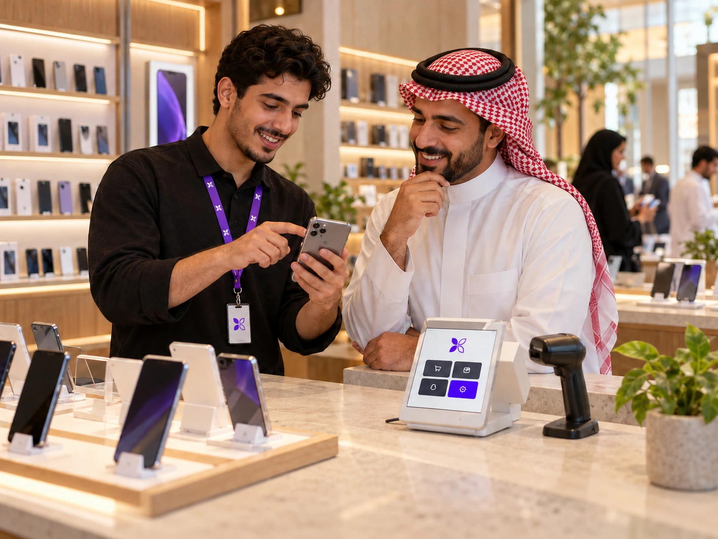 An electronics salesman shows a phone to a Saudi customer beside a MerX checkout terminal and barcode scanner.