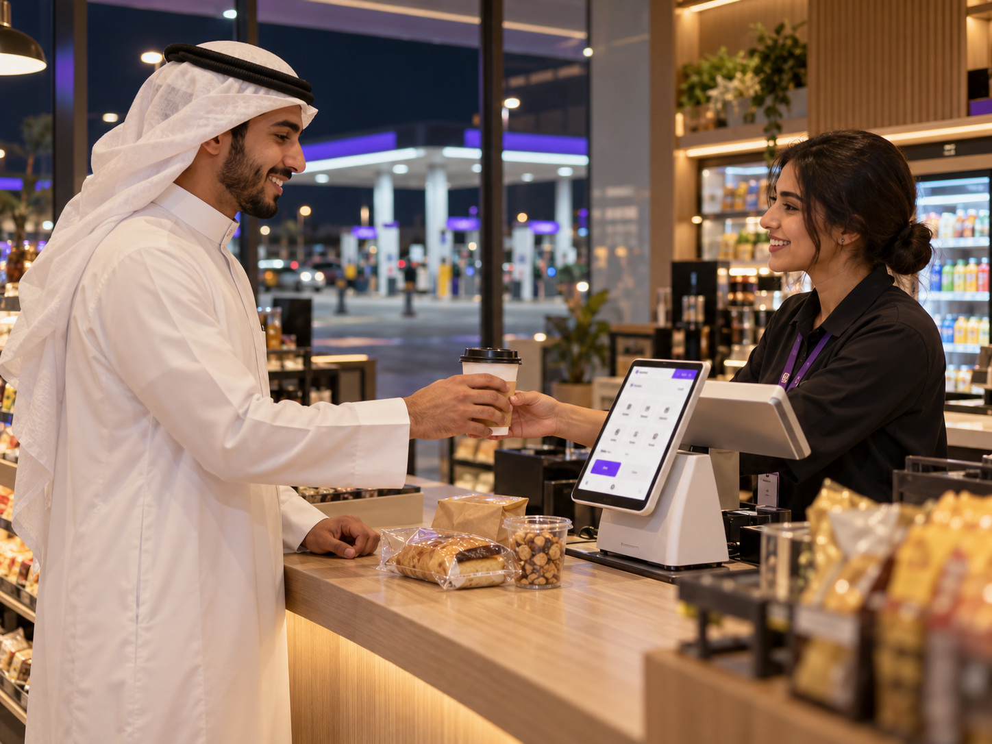 A customer buys coffee and snacks at a fuel-station convenience shop at night, with pumps outside and MerX at the counter.