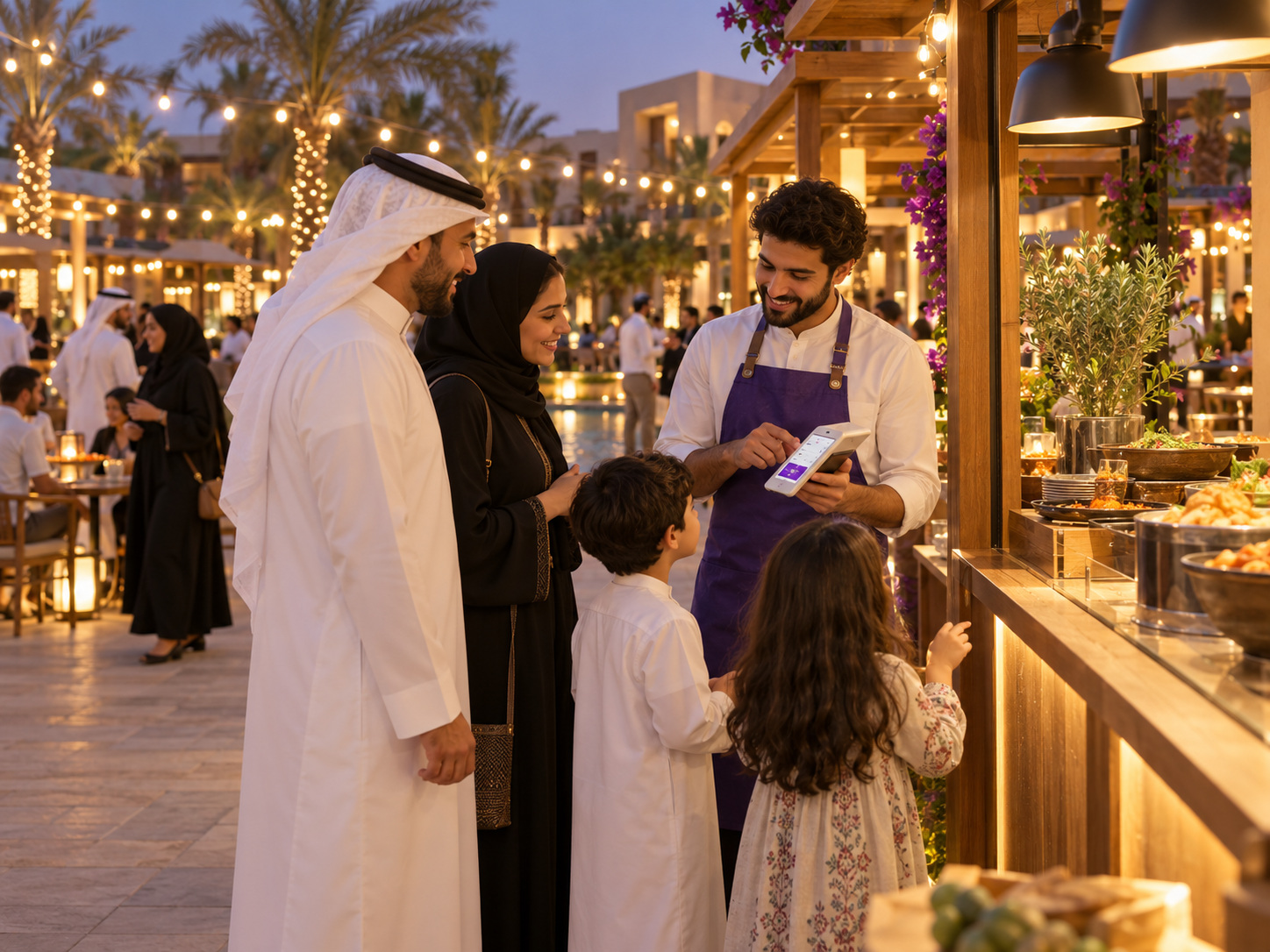 Families order food from a vendor using a MerX handheld beneath festive string lights.