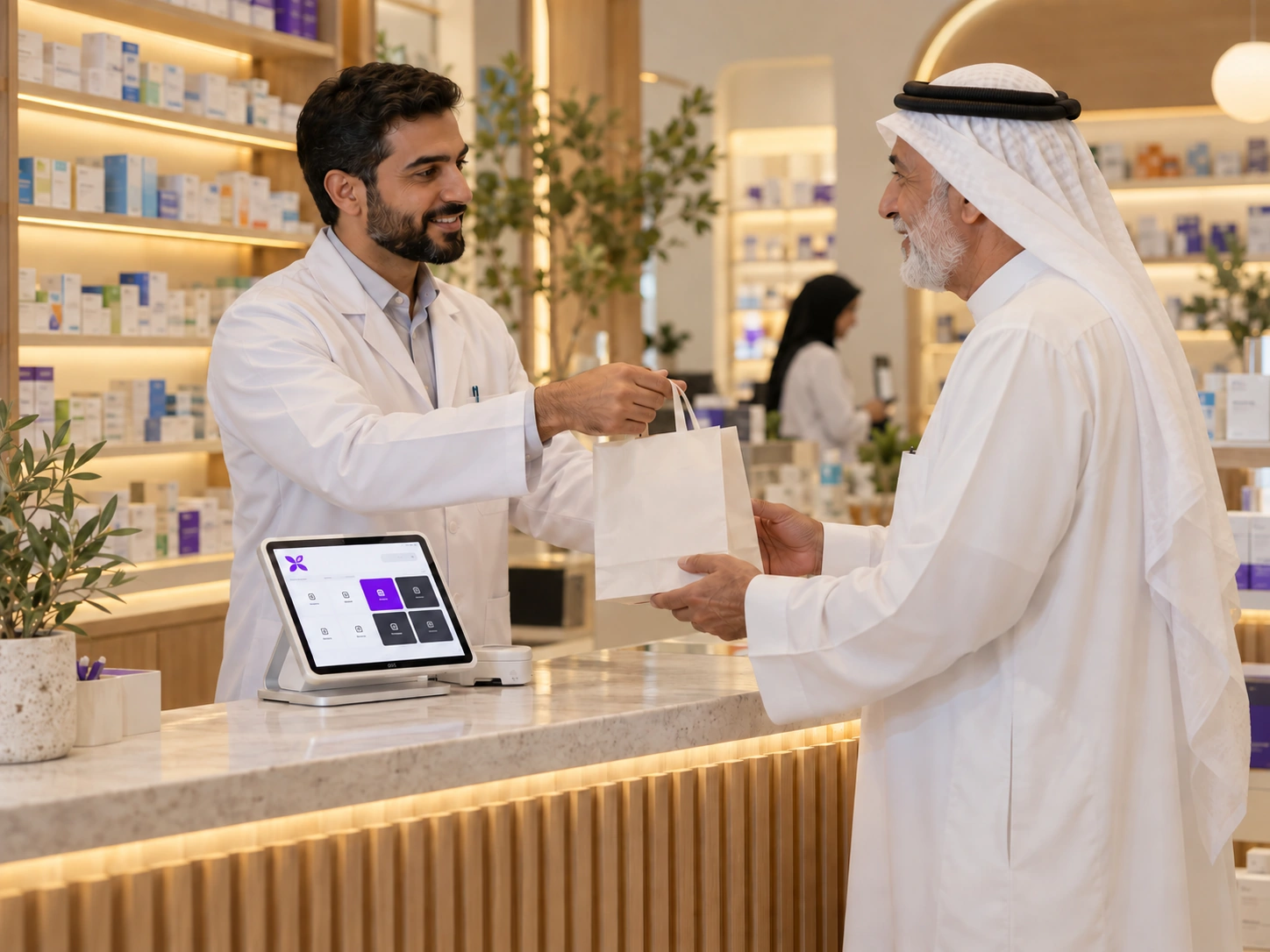 A pharmacist in a white coat gives a paper bag to an older customer at a pharmacy counter equipped with MerX.