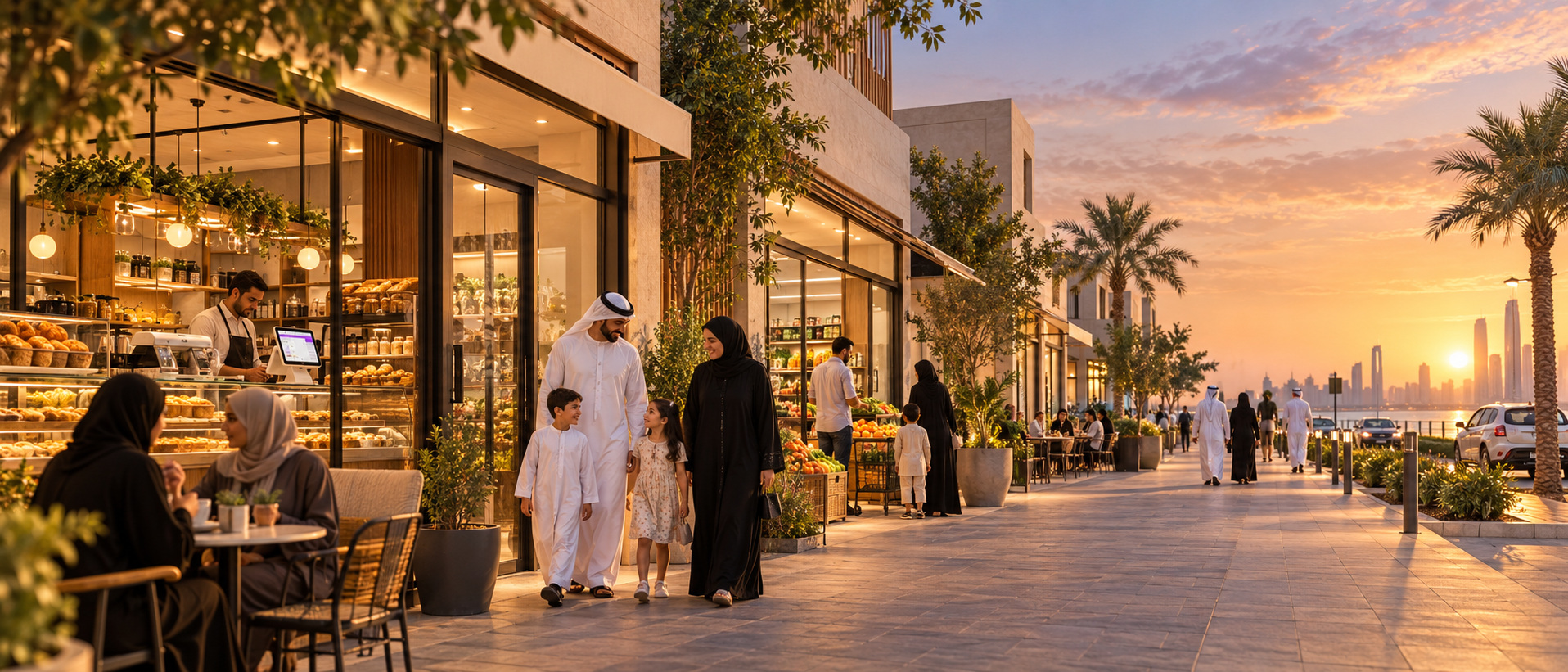 Families walk past a café, bakery and neighbourhood supermarket on a Gulf street at golden hour.