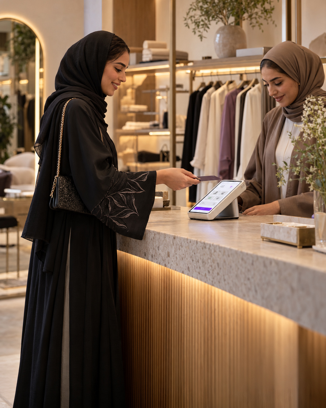 A woman in a contemporary abaya completes a purchase at an elegant boutique counter.