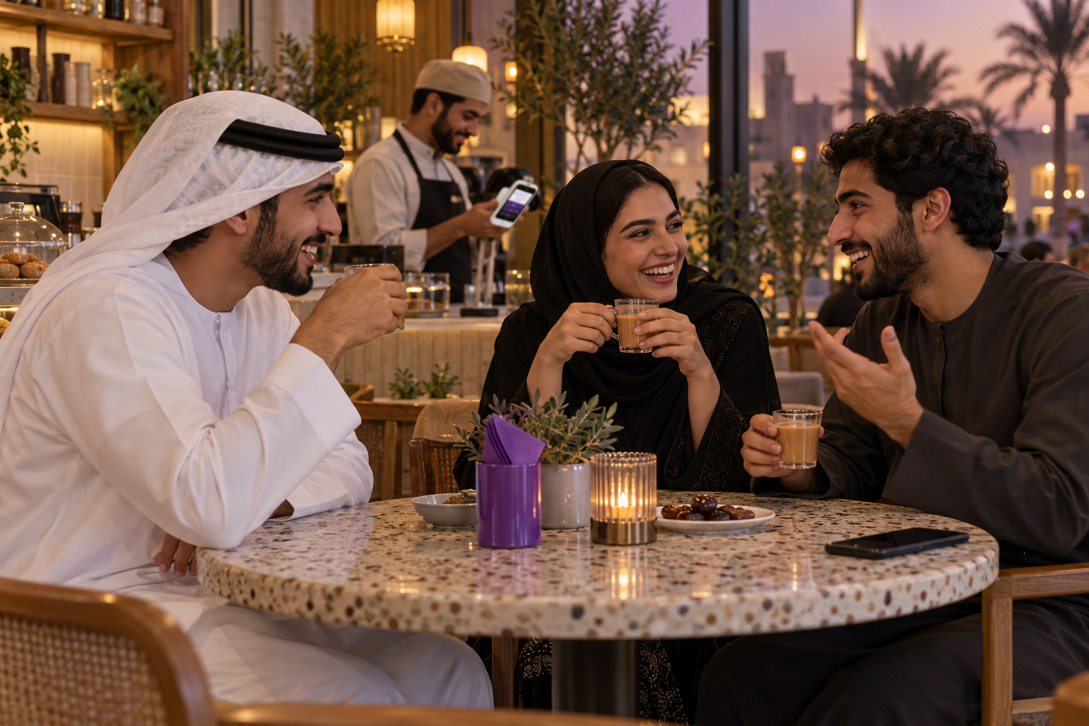 Three Emirati friends share karak and a laugh in a cosy café at dusk.