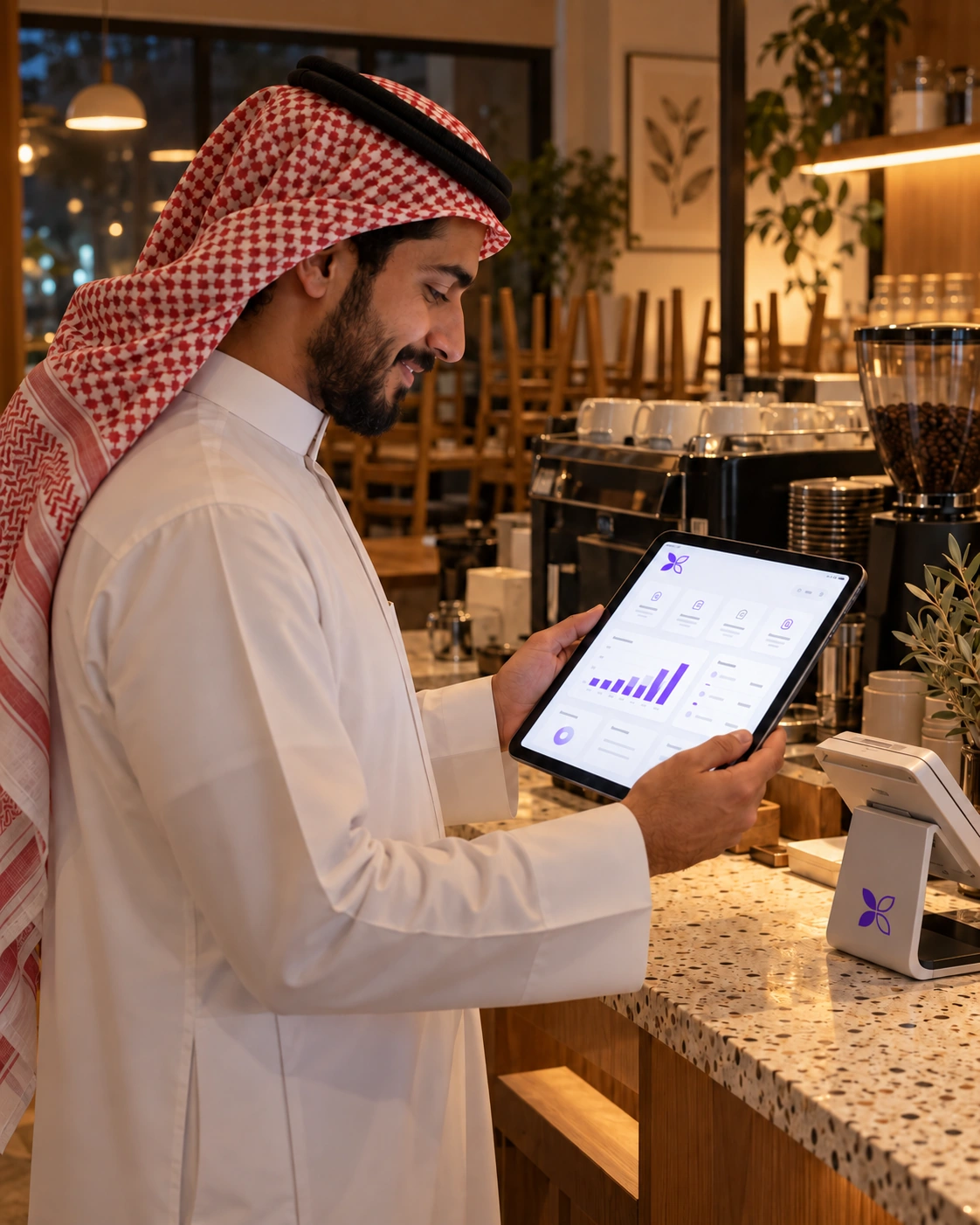 A Saudi café owner checks the MerX dashboard on a tablet at closing time