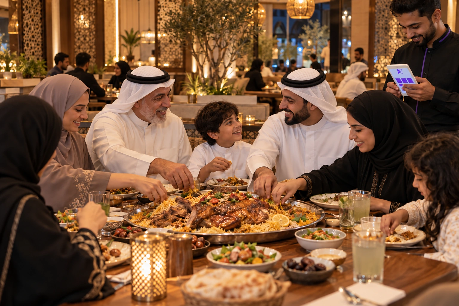 A Bahraini family gathers around a mandi platter for a warm evening meal.