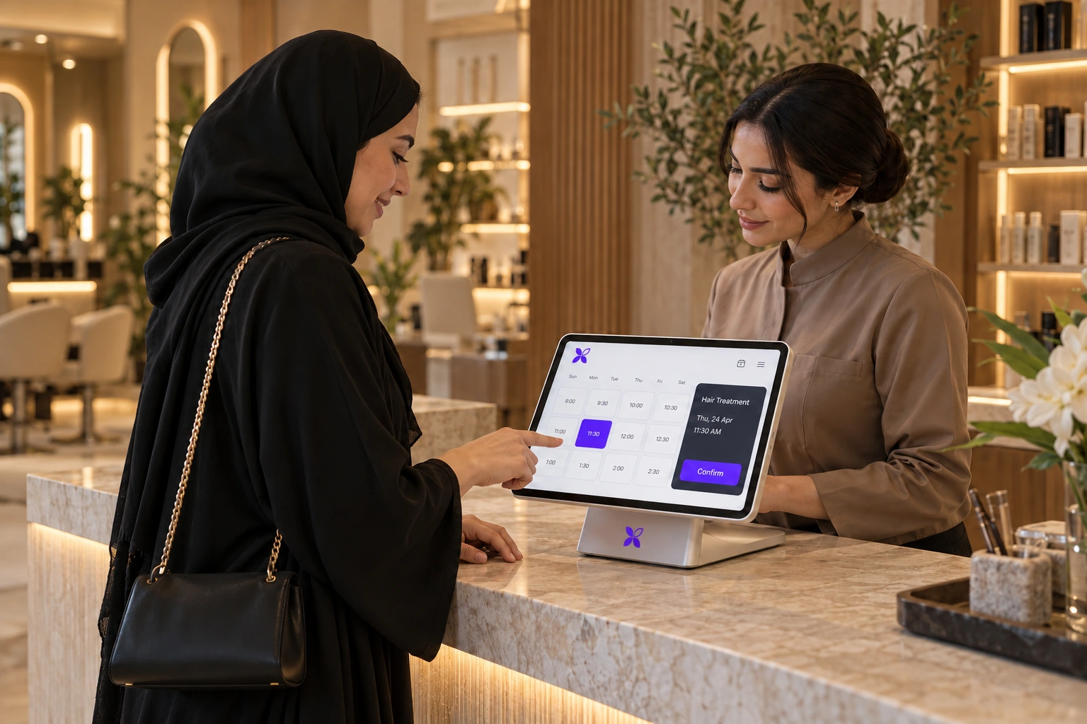 A client booking her next visit at a modern salon reception with a MerX terminal.