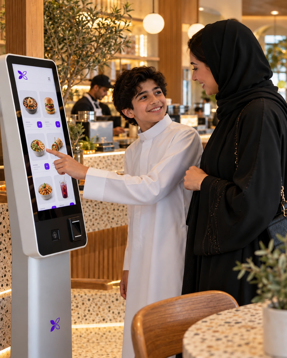 A mother and her teenage son choosing a meal on a MerX self-order kiosk.