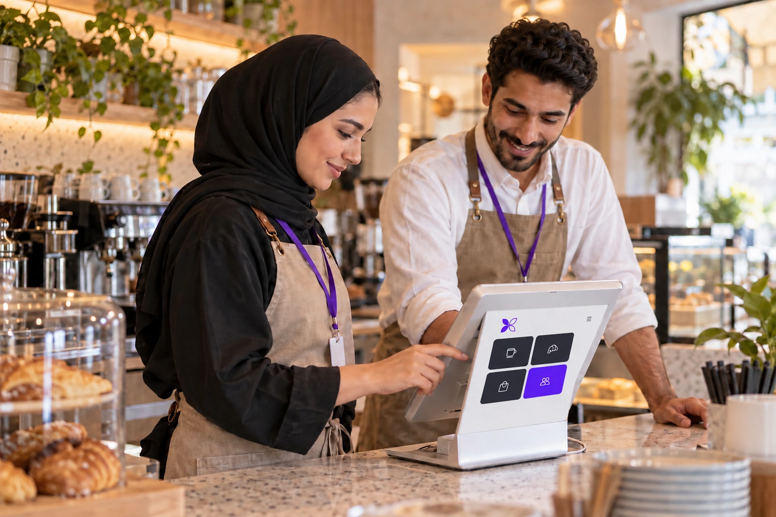 Two colleagues, one wearing a hijab, start their shift together at a MerX counter