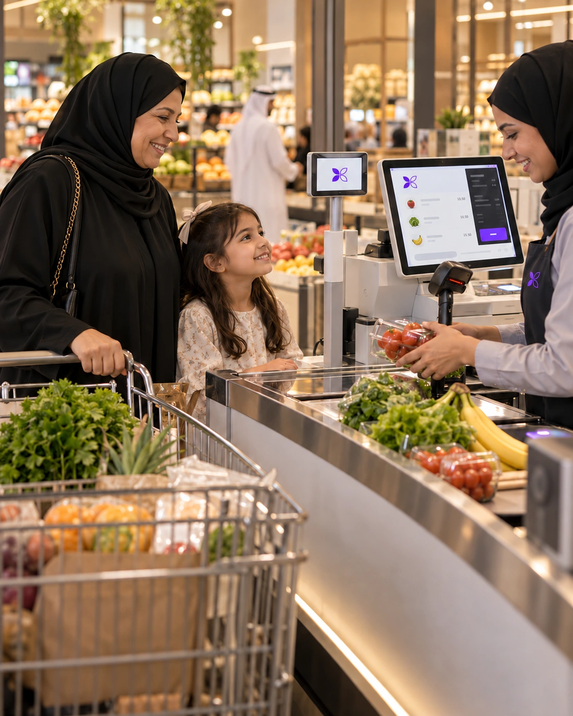 A Gulf grandmother and granddaughter shop together at a friendly supermarket checkout.