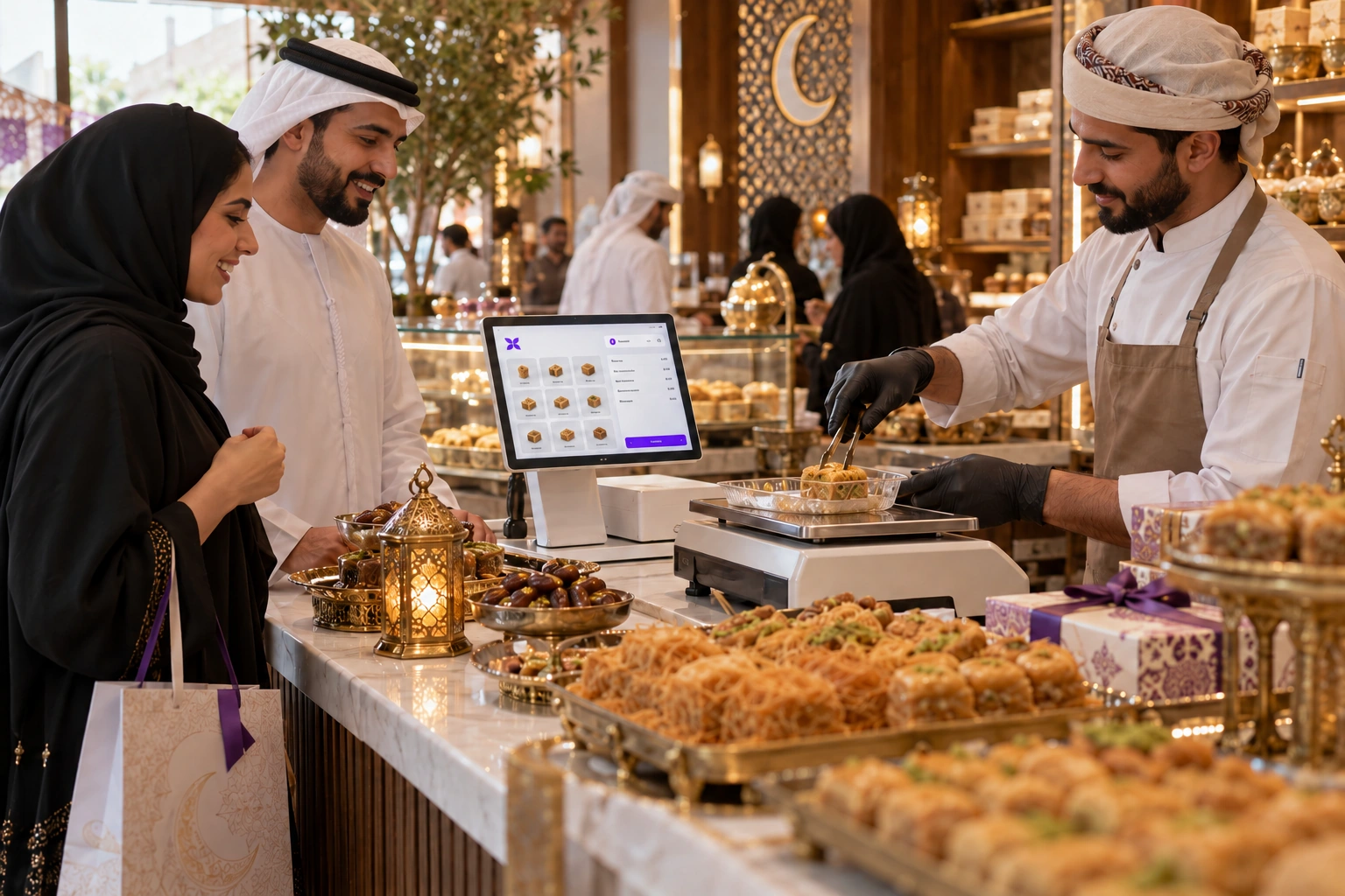 Families choose freshly weighed sweets at a joyful Gulf sweets shop during Eid.