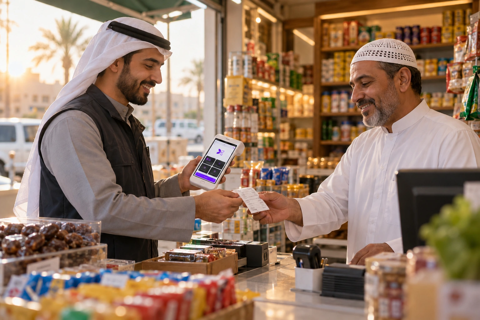 A delivery salesman prints a MerX receipt for a welcoming neighbourhood shop owner.